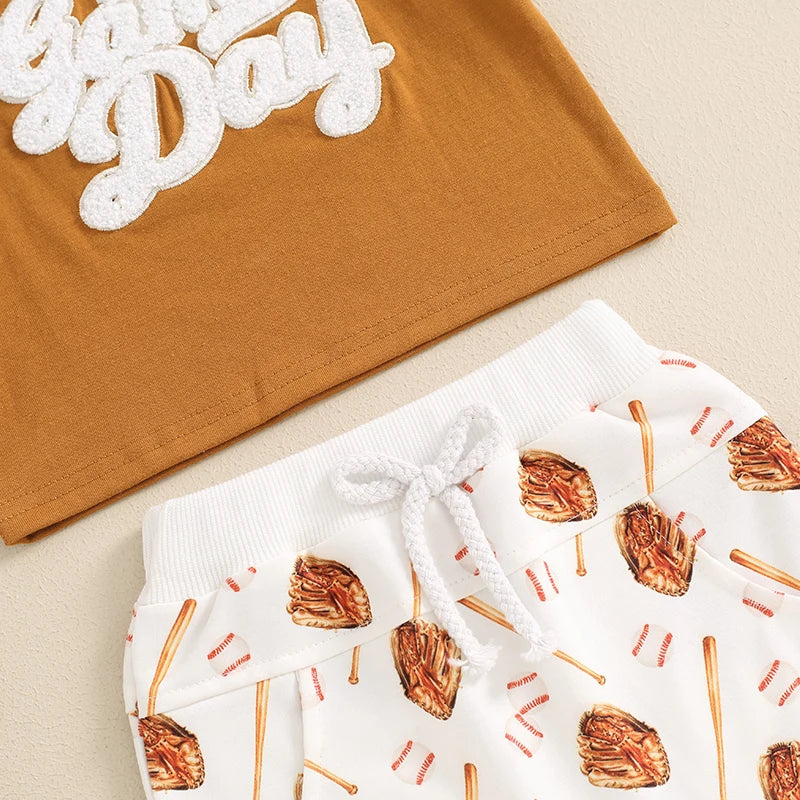 Toddler Boys 2-Piece Outfit Short Sleeve Tee with Fun Embroidery and Matching Baseball Print Shorts for a Stylish Summer Look