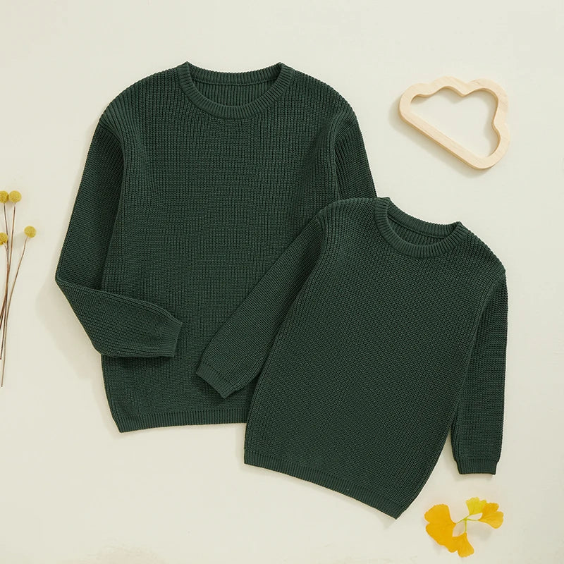 Suefunskry 1PC Mommy and Me Matching Sweaters Solid Color Knitted Long Sleeve Round Neck Warm Pullover Tops for Autumn Winter