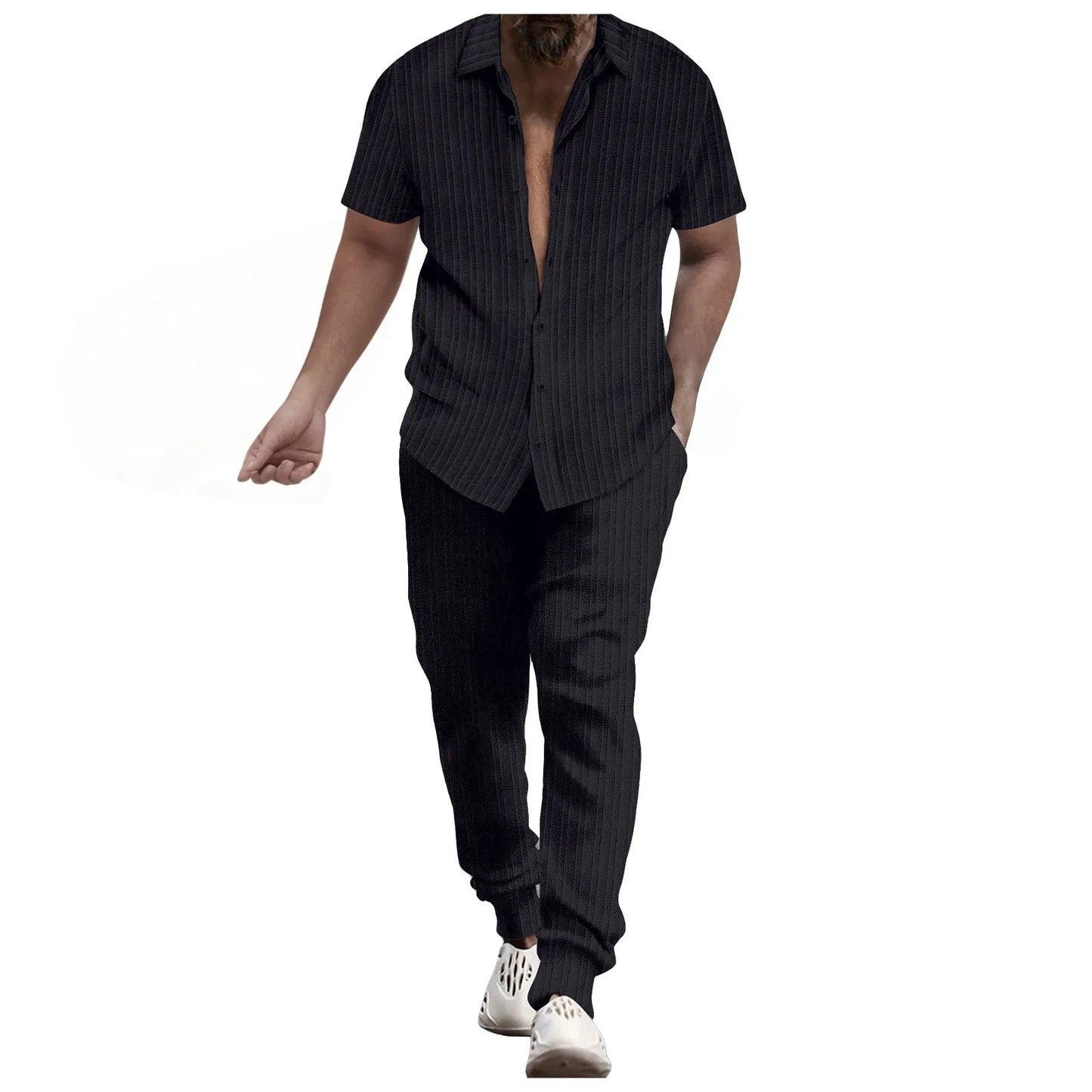 Mens Shirt Casual Short Sleeve Cardigan Blouse Top Pants Beach Suit Summer Two Piece Set Fashion Clothing For Man Ropa Hombre