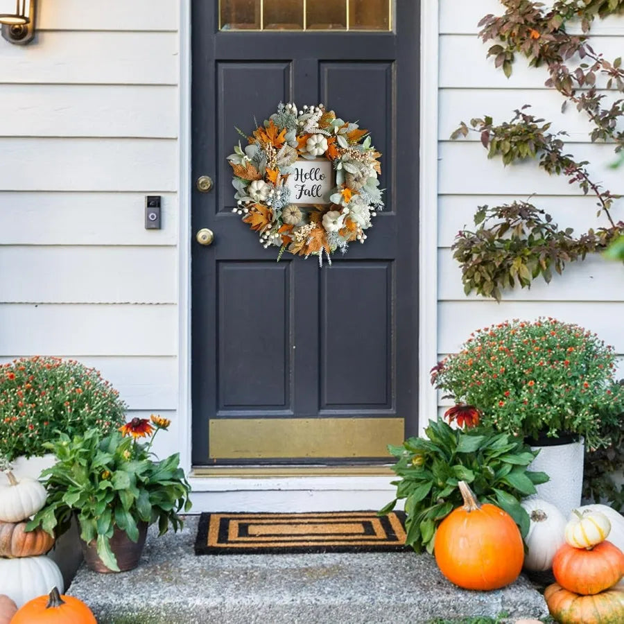 20inch Thanksgiving Fall Wreath with Eucalyptus Berries Pumpkins Lamb Ears Leaves for Front Door Porch Wall Home Outdoor Holida