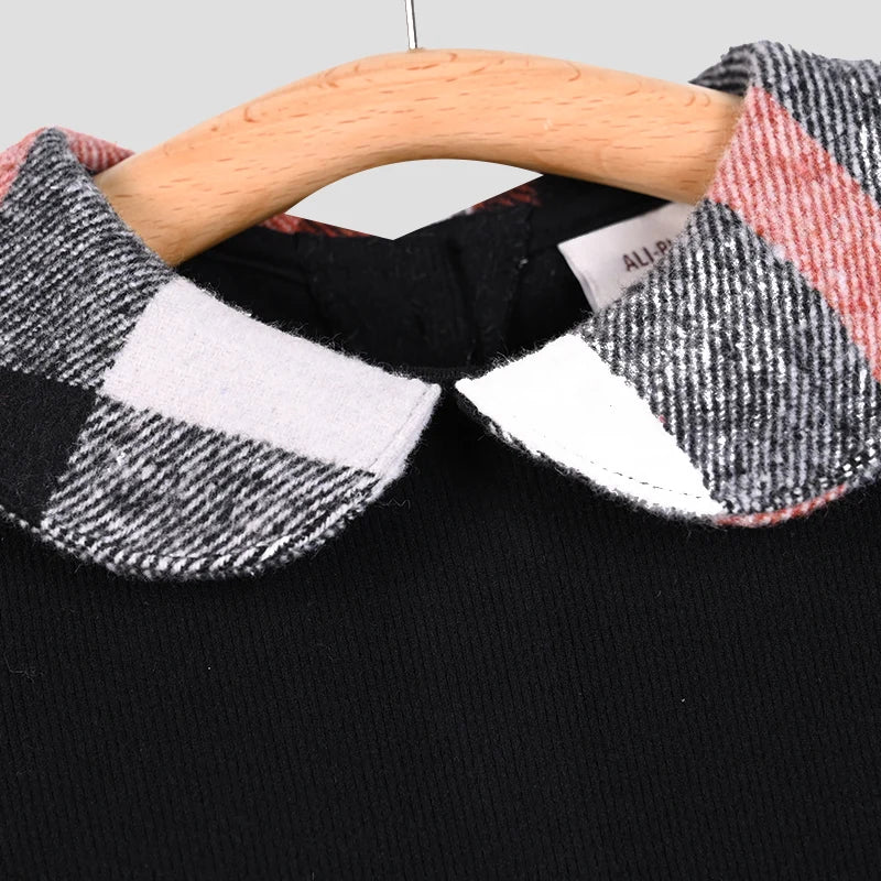 Ali-Plus family clothes set black cotton Mousse cashme plaid girl dress vest shirt black mock neck top plaid for autumn children