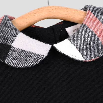 Ali-Plus family clothes set black cotton Mousse cashme plaid girl dress vest shirt black mock neck top plaid for autumn children