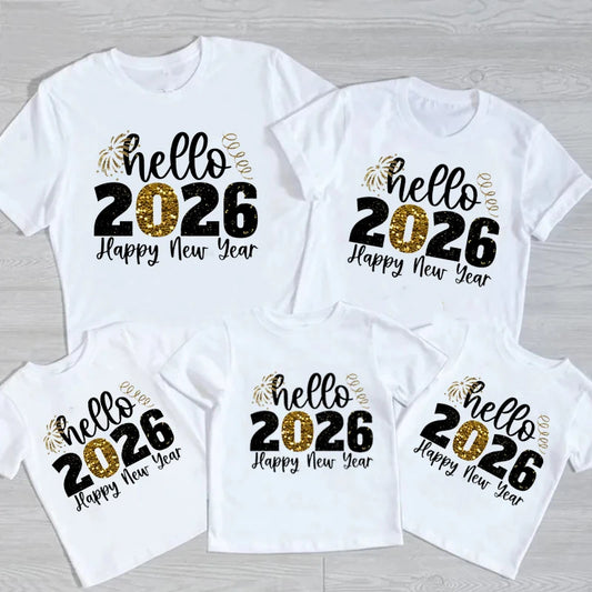 Hello 2026 Family Matching Outfits Happy New Year Dad Mom and Daughter Son Tshirt Family Look New Year's Clothes Tees