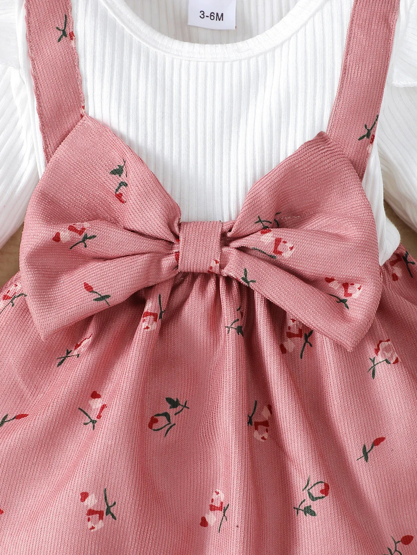 Children's Baby Girl Dress Set 2pc Color Blocking Floral Print with Big Bow Princess Knee-Length Dress And Matching Headband for 0-24 Months.