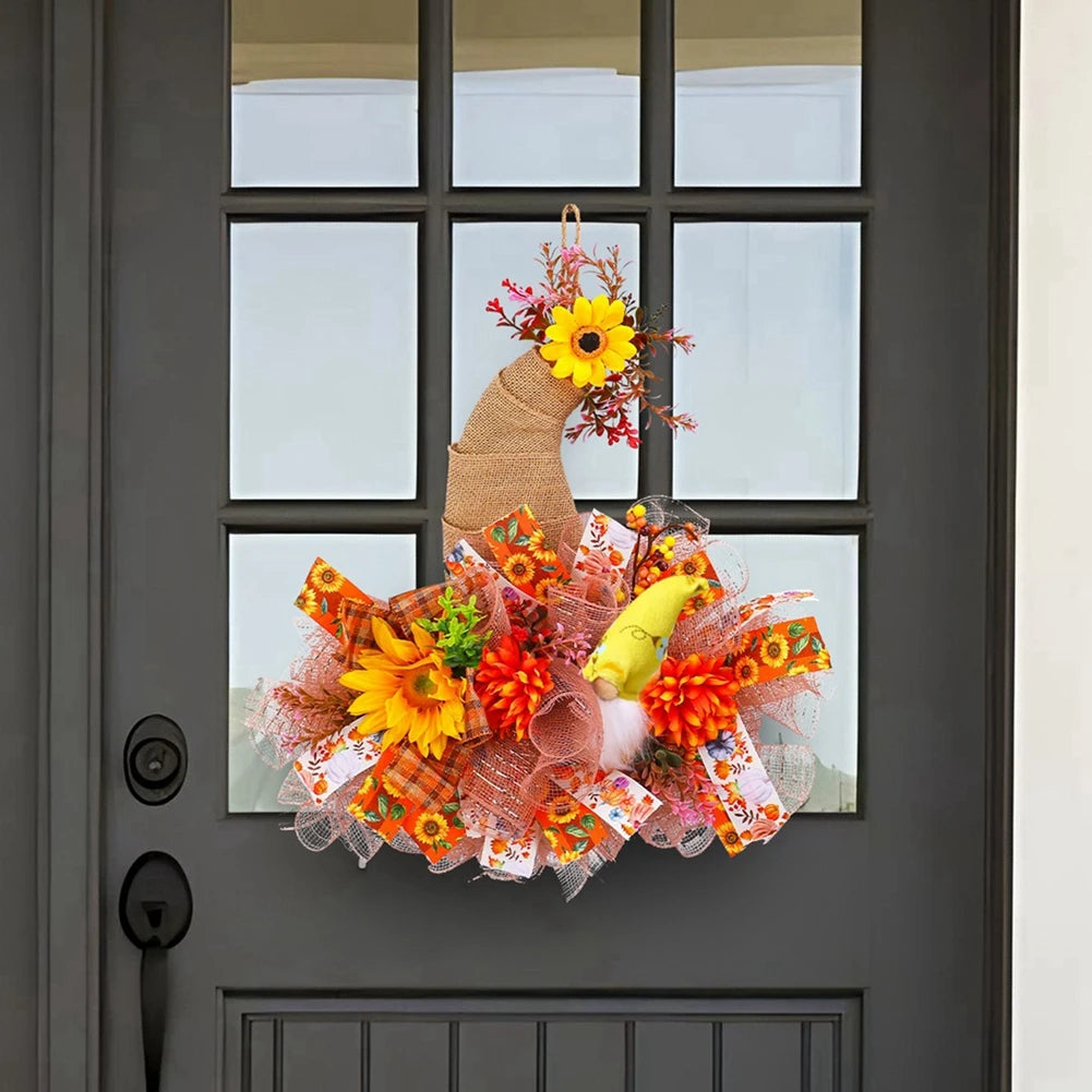Hat Patterned Thanksgiving Halloween Autumn Mesh Doll Wreath Door Hanging Simulation Sunflower Decoration Prop