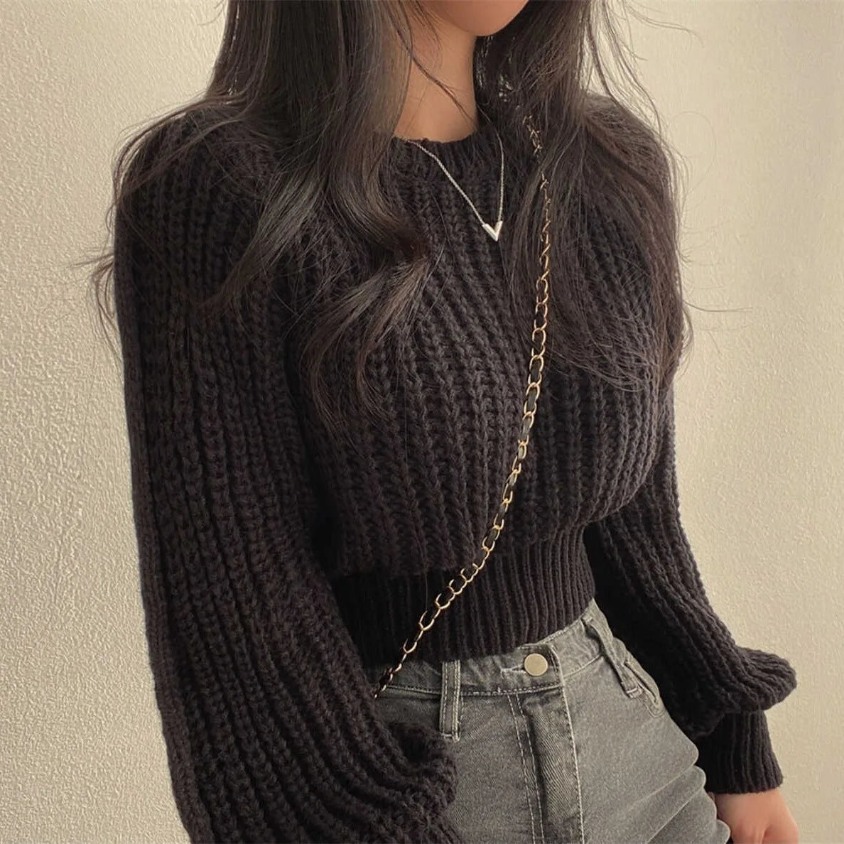 Knitted Sweater Women Pullovers New Long Sleeve O-Neck Black Knit Sweater Pullover Women Tops Sweaters Sueters De Mujer Q718