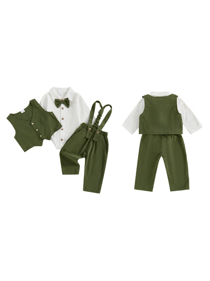 Toddler Boys Winter 4Pcs Outfit Set Long Sleeve Lapel Button Shirt Vest Suspender Pants Bowtie Sets Warm Clothes