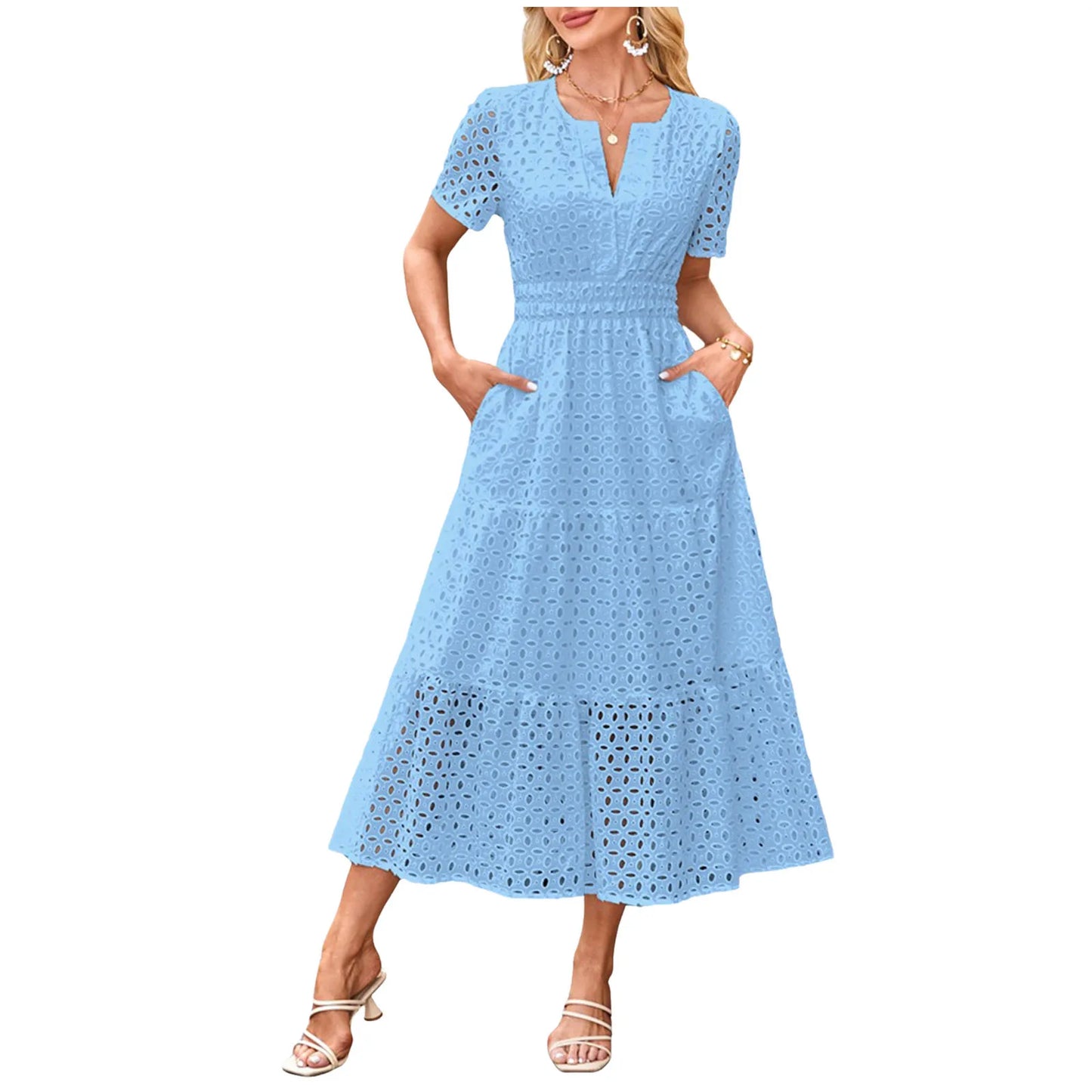 Women'S Summer Short Sleeved Long Dress Trendy V-Neck Hollow Eyelets Ruffle Hem A-Line Dress Pockets Female Temperament Dresses