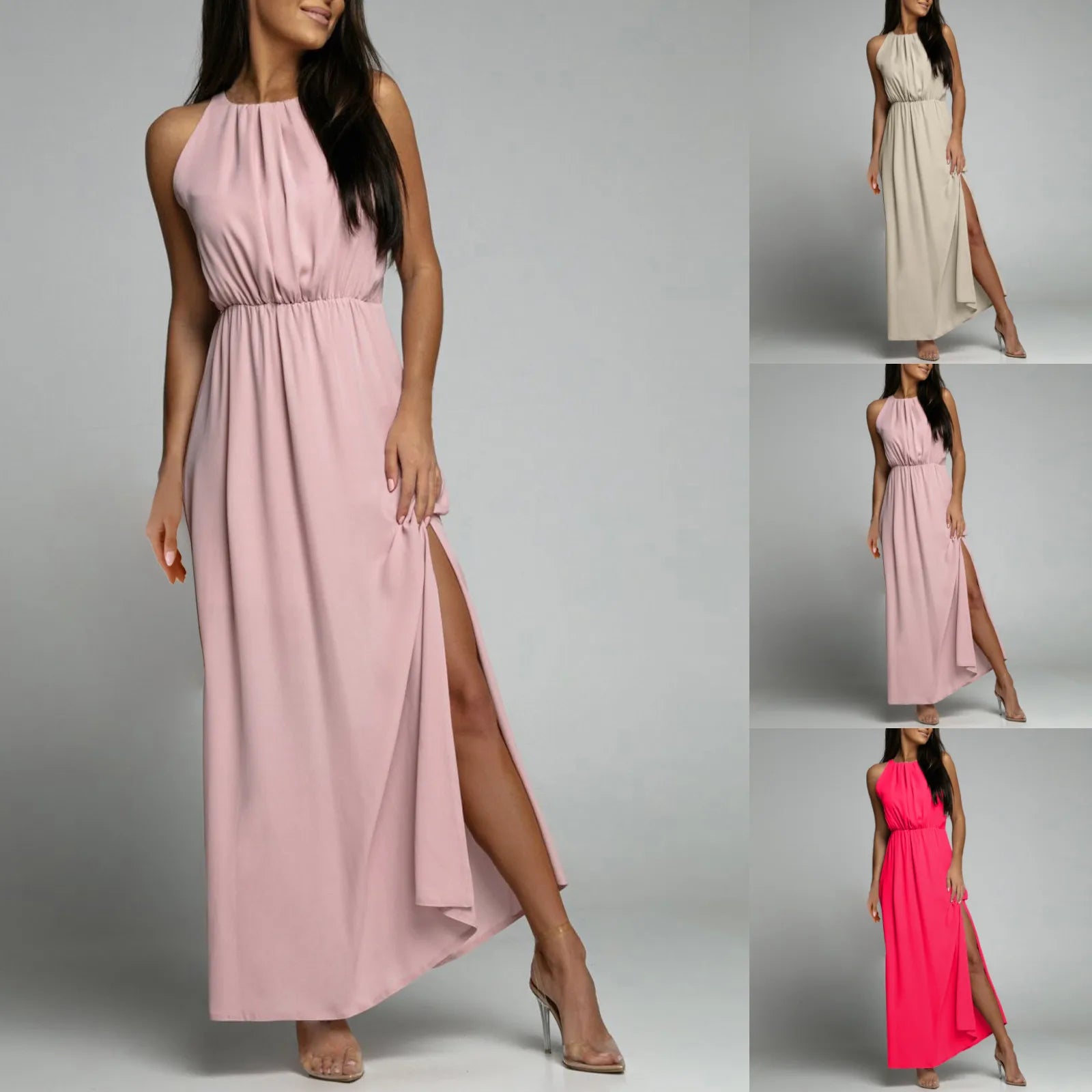 Women's Dressy Casual Long Dress Solid Color Sleeveless High Round Neck Side Slit Full-Length Dress Elegant Simple Party Dress
