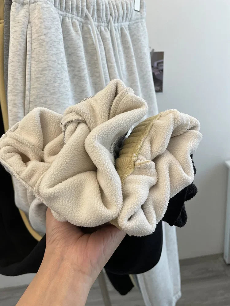 High Waist Thickened Lamb Velvet Drawstring Sweatpants Women Loose Casual Sports Warm Long Trousers Commute Style Cotton