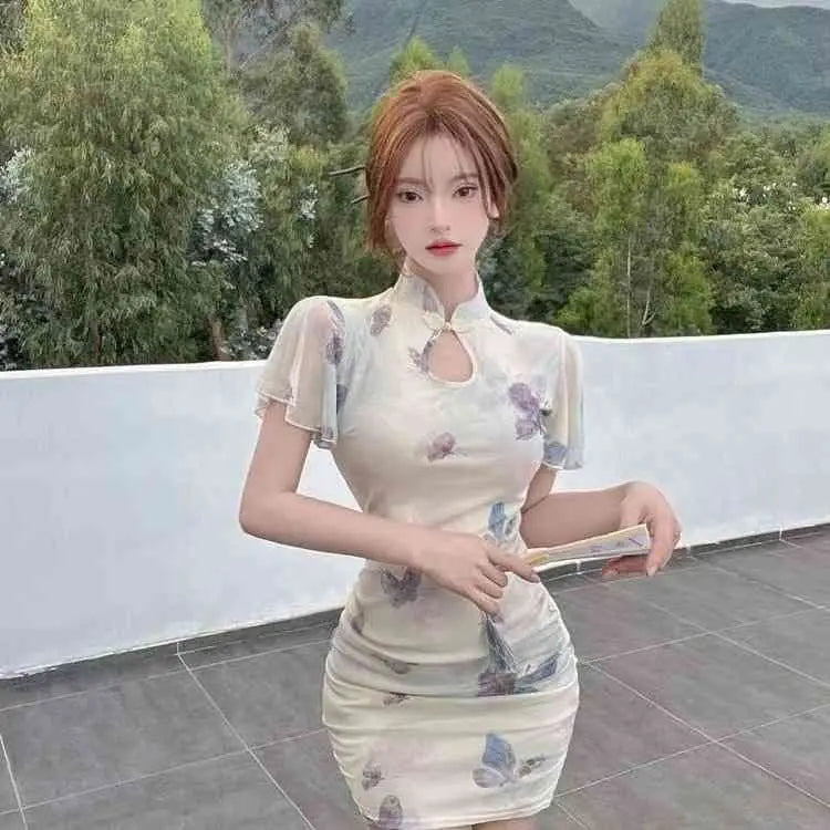 2025 Summer Women's Chinese-style Young Fashion Daily Slim-fit Lotus Leaf Edge Elegant Short-sleeved Cheongsam Dress