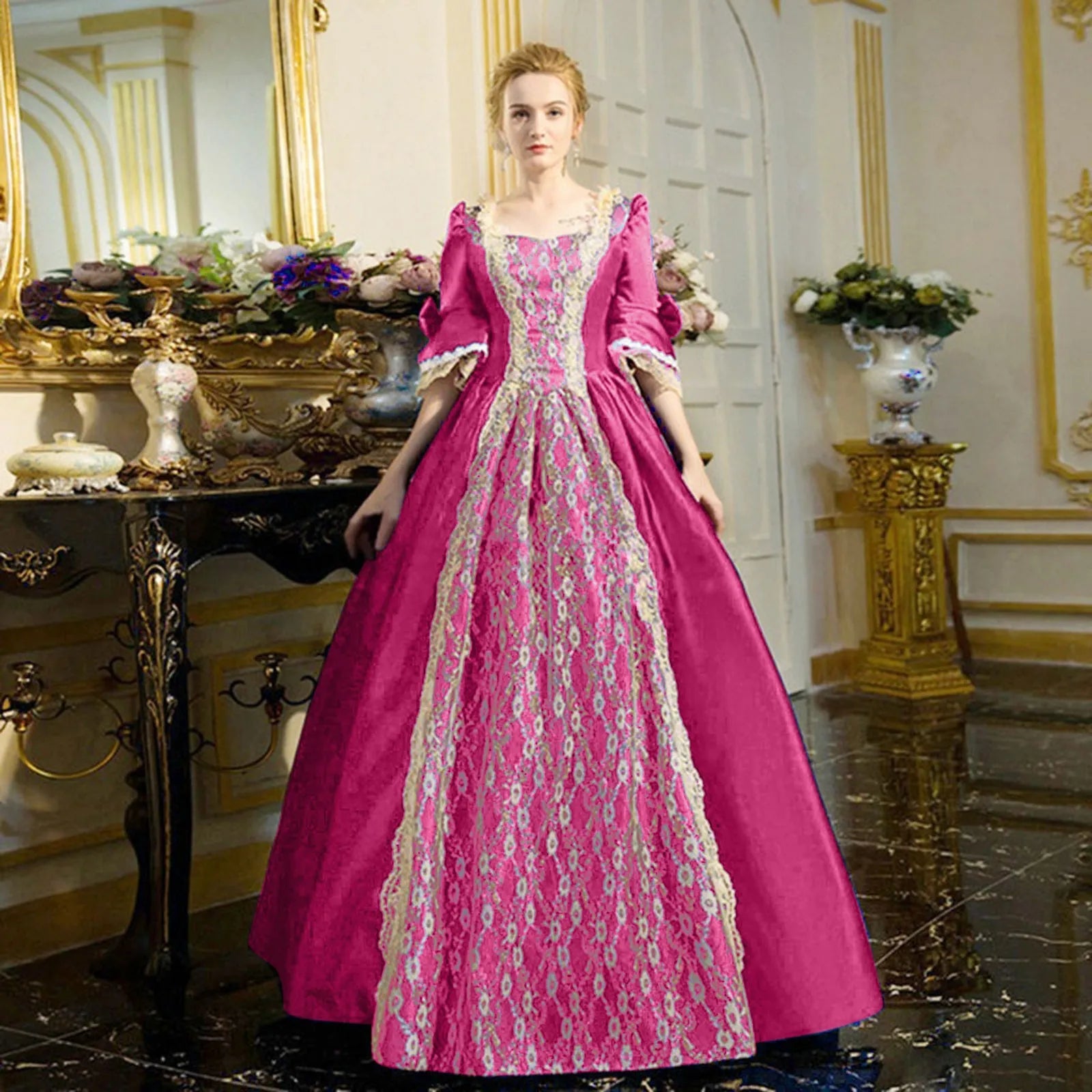 18th Century Medieval Dress Women High Waist Half Sleeve Ball Gown Princess Lace Patchwork Satin Dress Queen Renaissance Costume