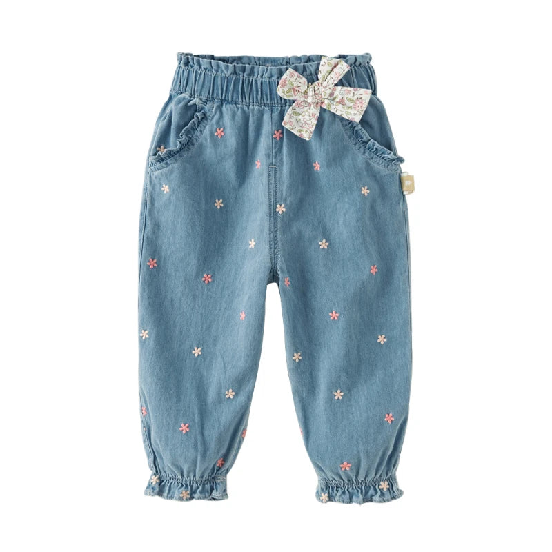 Dave Bella Girl's Embroidery Jeans Denim Pants Elastic Flower Band Spring Autumn Trousers Children's Casual Jeans DB3242342