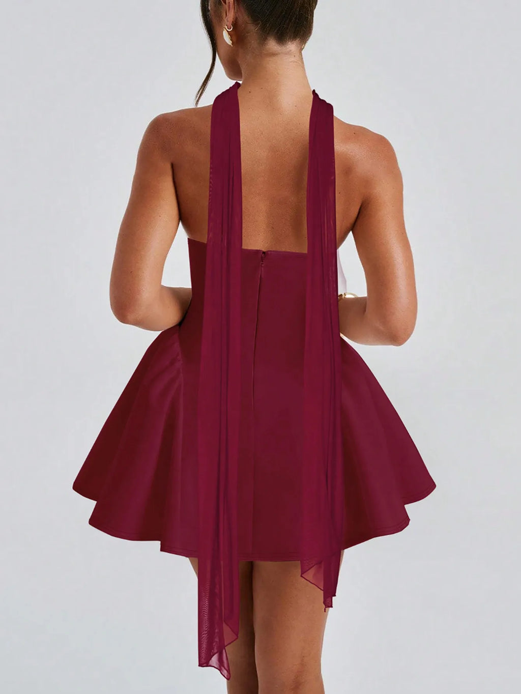 Burgundy Strapless Mini Dress with Choker Neckline and Flared Skirt
