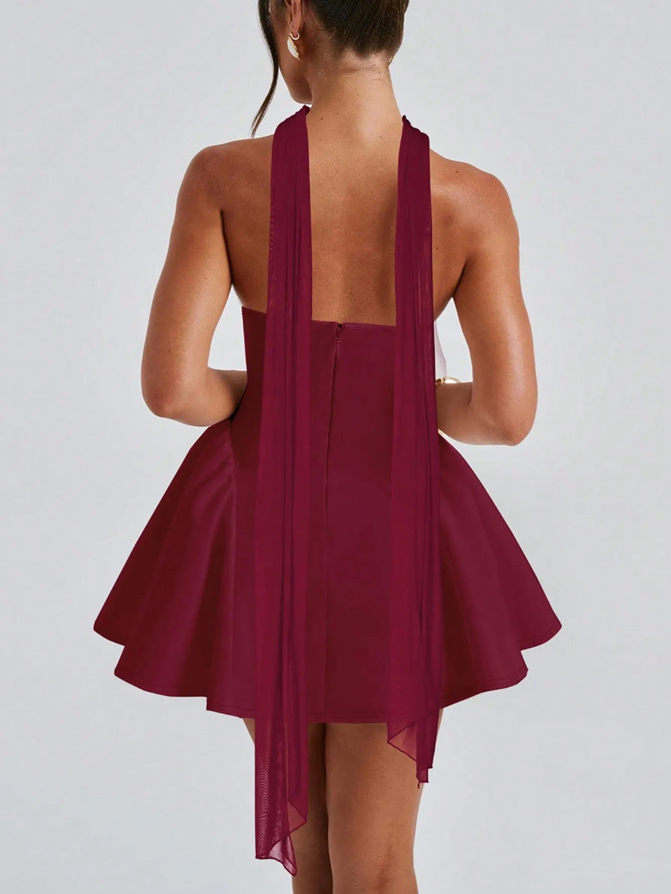 Burgundy Strapless Mini Dress with Choker Neckline and Flared Skirt