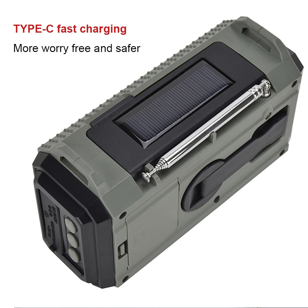 Small Rechargeable Portable Radio Solar Powered Emergency Power Bank survival with LED Flashlight USBC Charging Hand Crank Radio