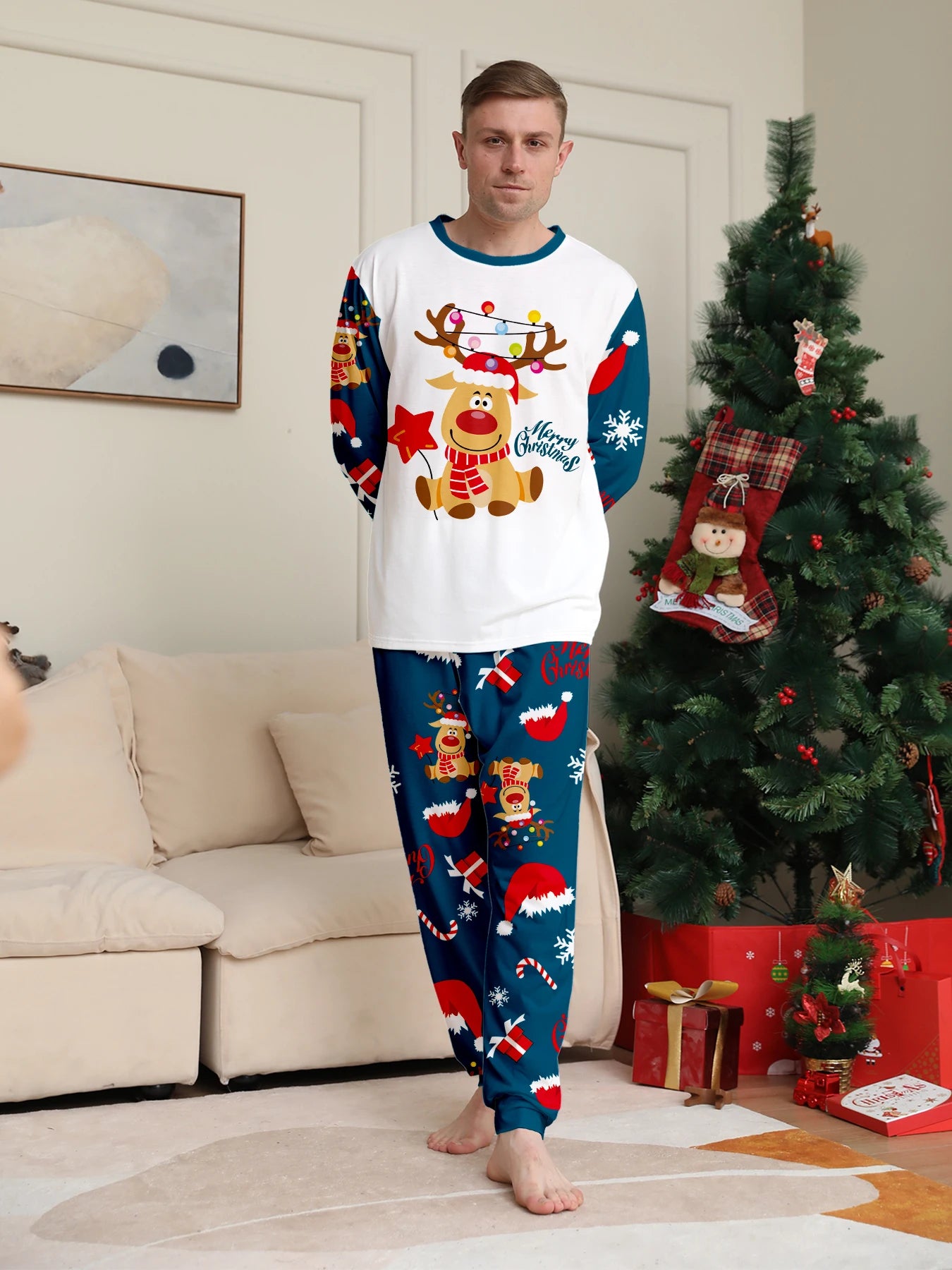 Christmas Family Pajamas: Matching White & Navy Set with Reindeer & Lights Prints