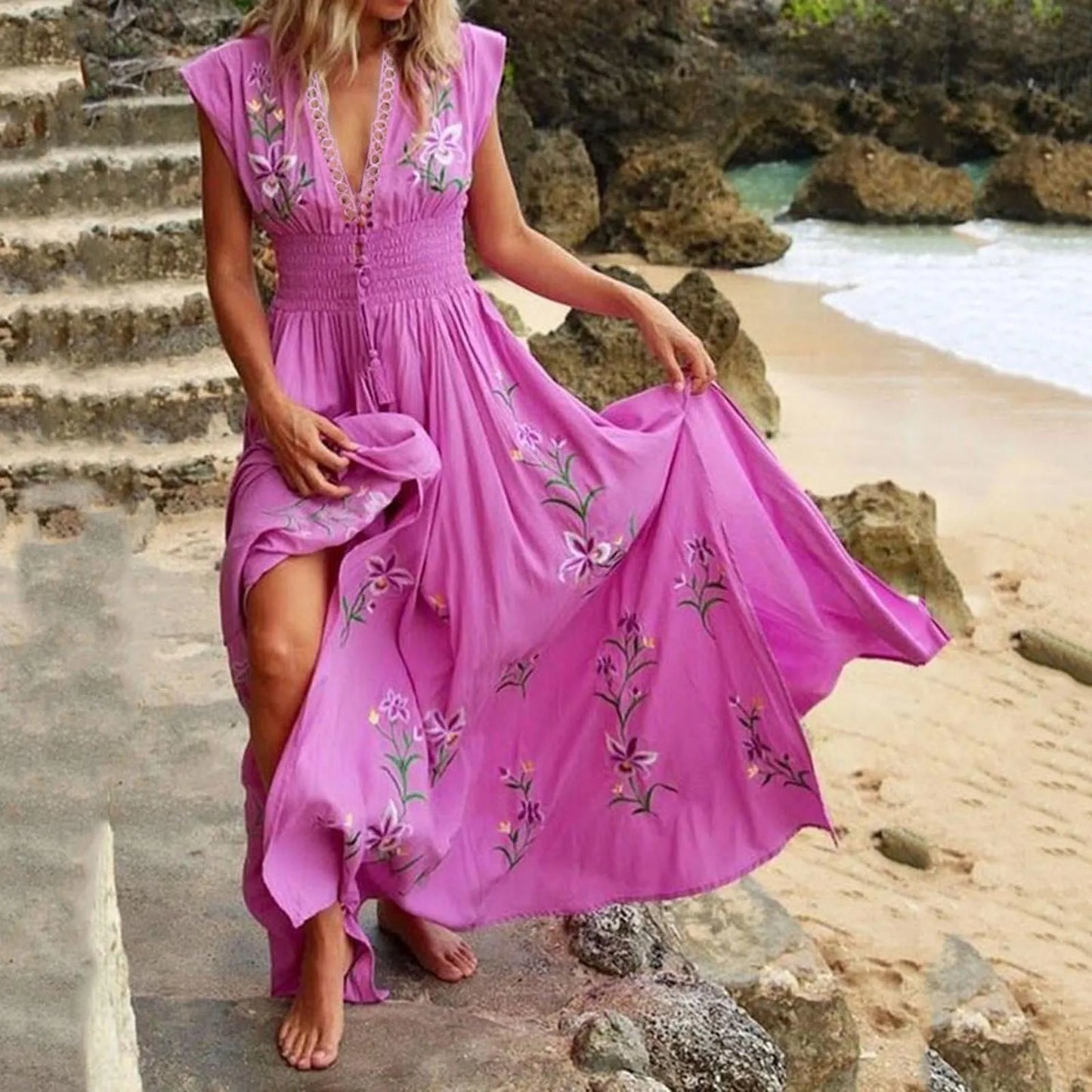 Beach Boho Dress Women Ruffled V-Neck Floral Vintage High Waist A-Line Long Dress Sleeveless Lace Up Jacquard Maxi Sundress