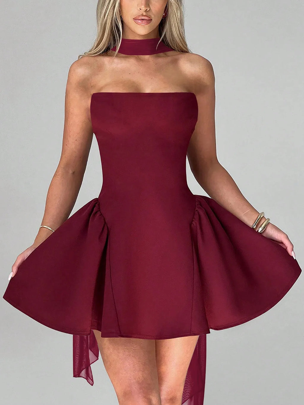 Burgundy Strapless Mini Dress with Choker Neckline and Flared Skirt