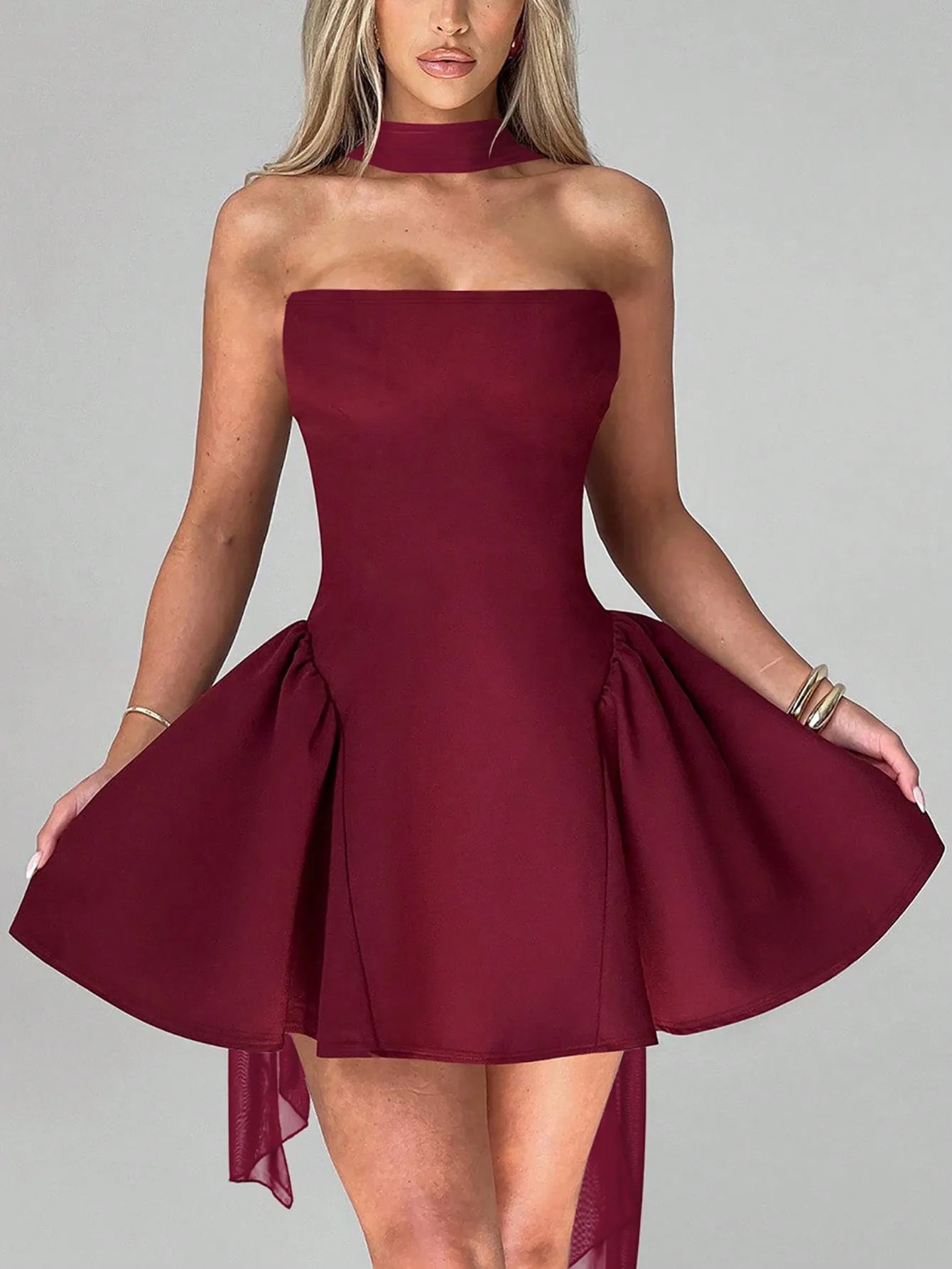 Burgundy Strapless Mini Dress with Choker Neckline and Flared Skirt