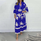 Casual Long Dresses Womens Summer Retro V Neck Print Long Sleeve Dresses Elegant High Quality Party Formal Vestidos Women