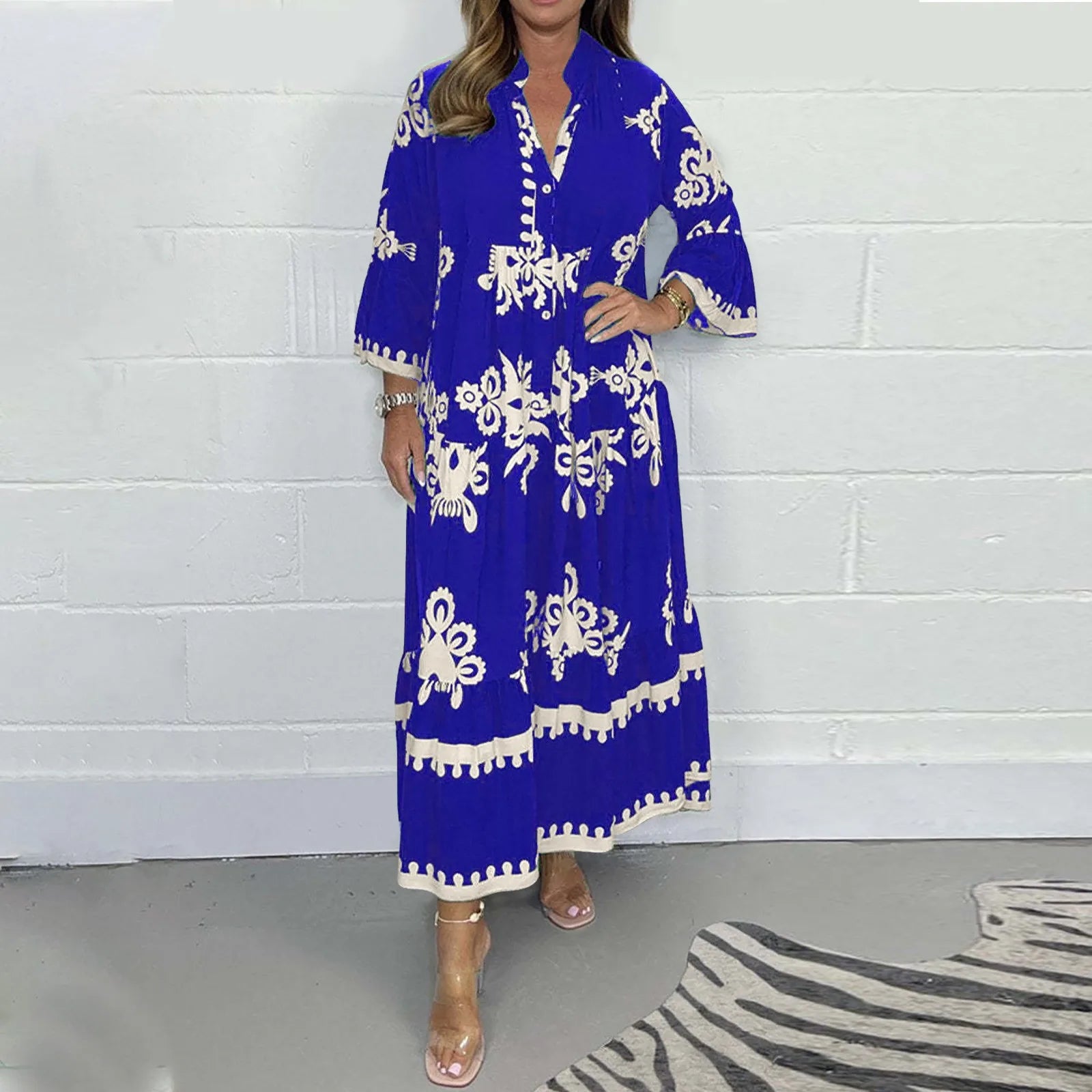 Casual Long Dresses Womens Summer Retro V Neck Print Long Sleeve Dresses Elegant High Quality Party Formal Vestidos Women