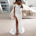 Women's Off Shoulder Prom Dresses Sexy Sequins Sleeveless Solid Floor Length Dress Elegant Bridesmaid Evening Dress Prom Gowns