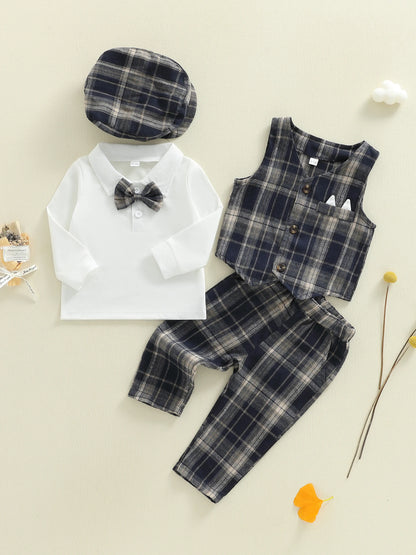 4Pcs Baby Boy Formal Wear Set with Long Sleeve Lapel Neck Shirt Plaid Button Down Vest Pants and Hat - Gentleman Outfit with