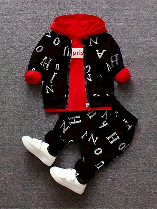 Spring and autumn boys' new fashion trend all over letter jacket Hooded Sweater boys' pants three piece set