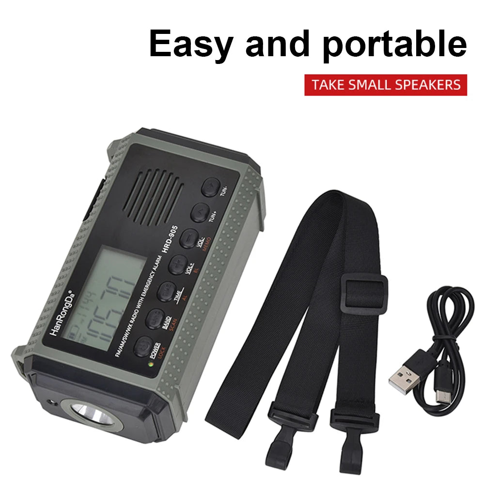 Small Rechargeable Portable Radio Solar Powered Emergency Power Bank survival with LED Flashlight USBC Charging Hand Crank Radio