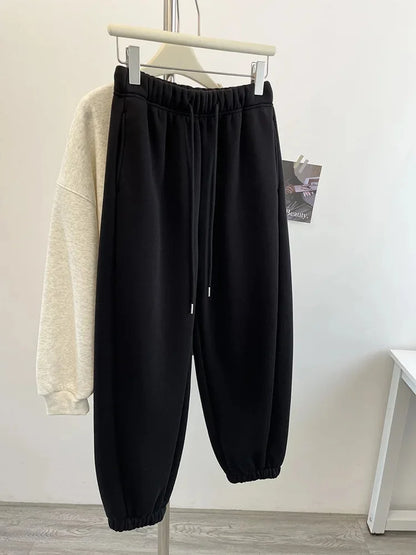 High Waist Thickened Lamb Velvet Drawstring Sweatpants Women Loose Casual Sports Warm Long Trousers Commute Style Cotton