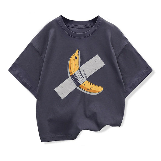 Children Clothes Bananas on the wall Graphic Kids Fashion Short Sleeve T-shirt Popular Design Kids Crewneck Loose Cotton Tees