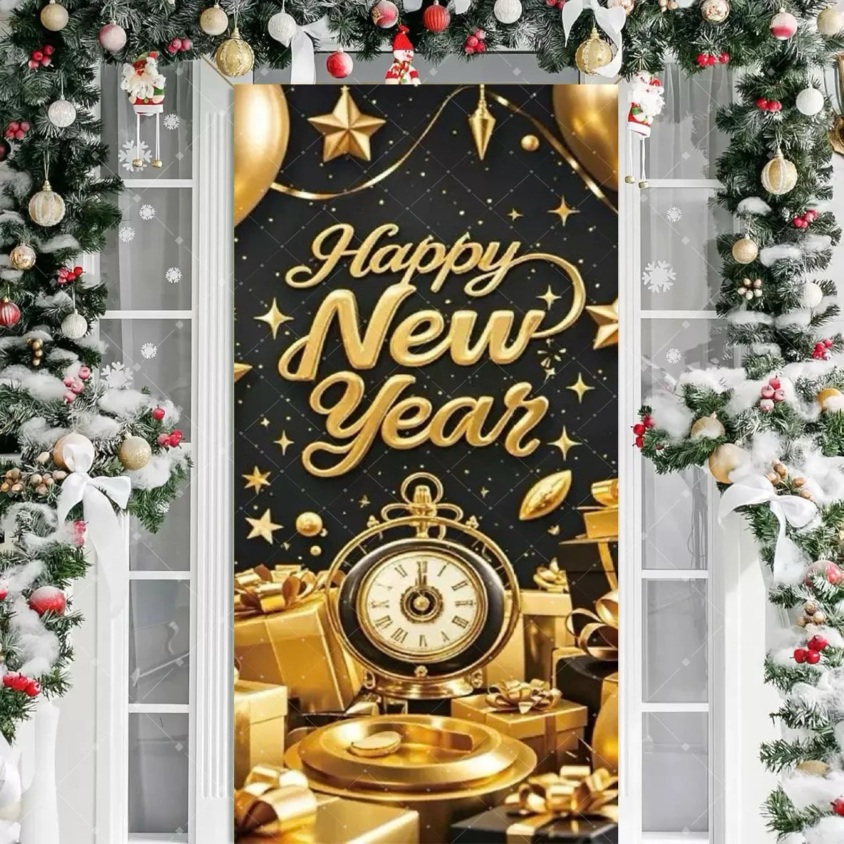 Black Gold 2026 Happy New Year Theme Party Door Decor Backdrop New Year Clock Gift Champagne Party Cake Table Porch Decor Banner
