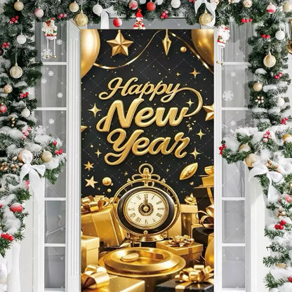 Black Gold 2026 Happy New Year Theme Party Door Decor Backdrop New Year Clock Gift Champagne Party Cake Table Porch Decor Banner