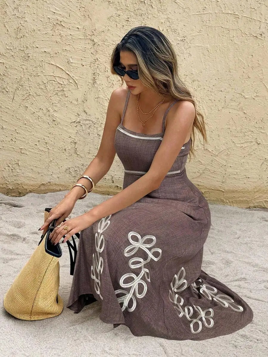 Cream Embroidered Leaf Pattern Spaghetti Strap Midi Dress Summer Casual Beach