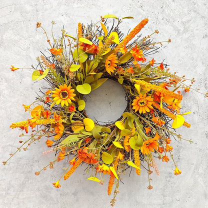 17.7" Fall Wreath for Front Door Orange Farmhouse Harvest Sunflower Wreath with Daisy Flowers Thanksgiving Wreath for Front Door