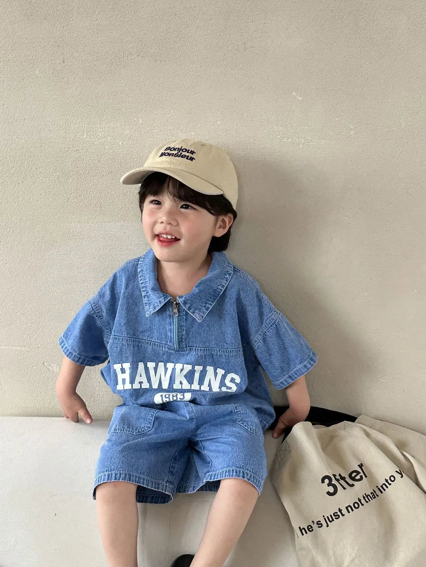 5816C Children's Clothing Set Denim Suit Summer Casual Boy's Denim Suit Letter Print Top+ Shorts Casual Two-piece Suit