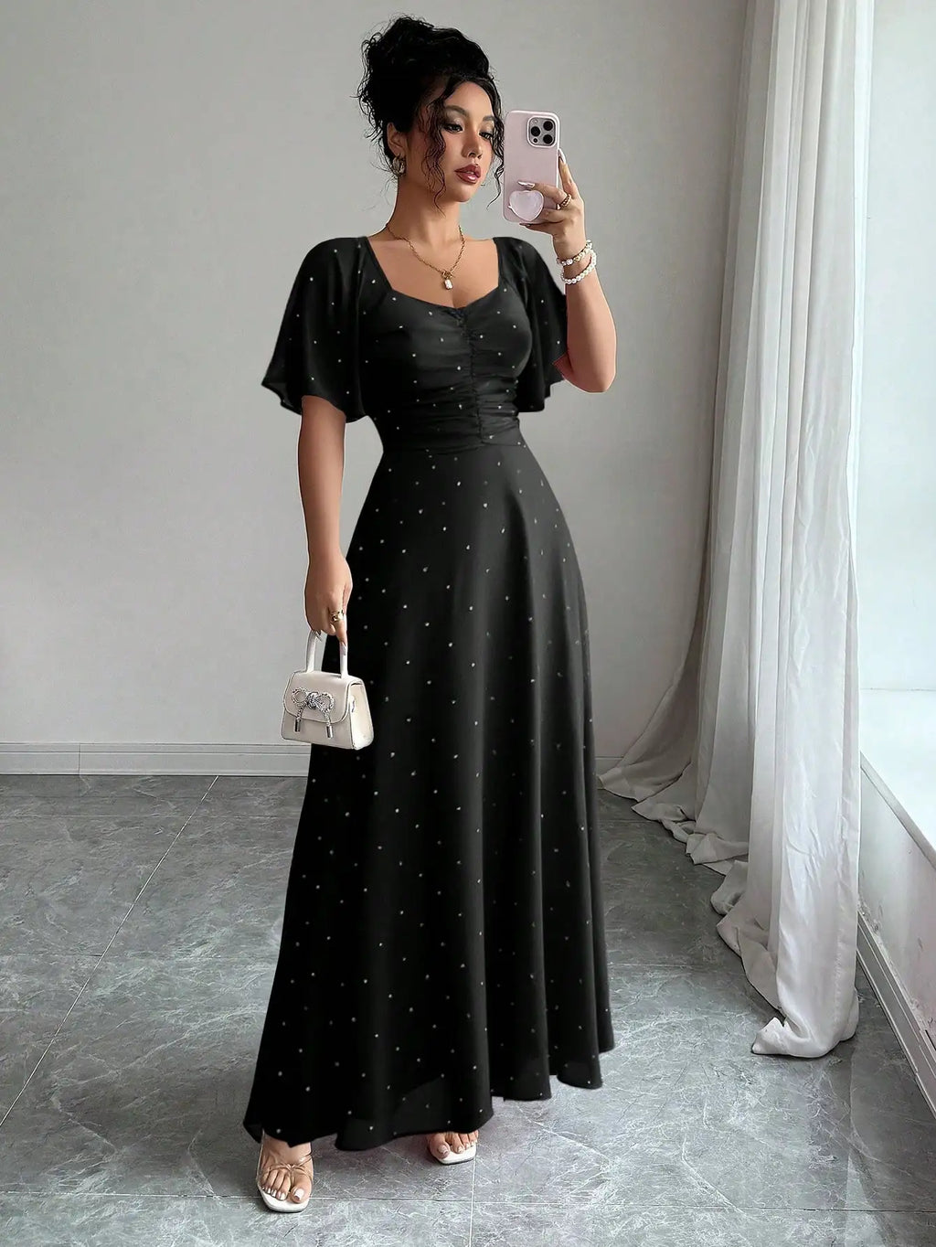 Pink Butterfly Print Chiffon Maxi Dress with Ruched Bodice and Batwing Sleeves for Summer