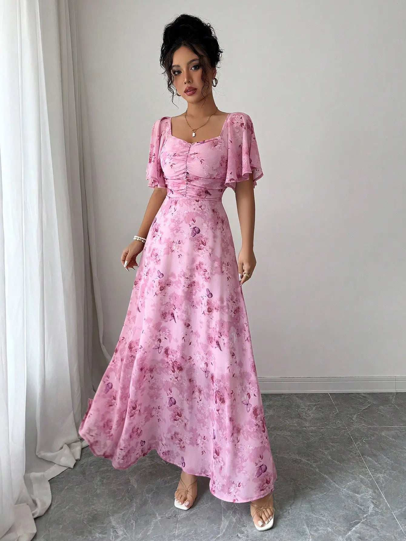 Pink Butterfly Print Chiffon Maxi Dress with Ruched Bodice and Batwing Sleeves for Summer