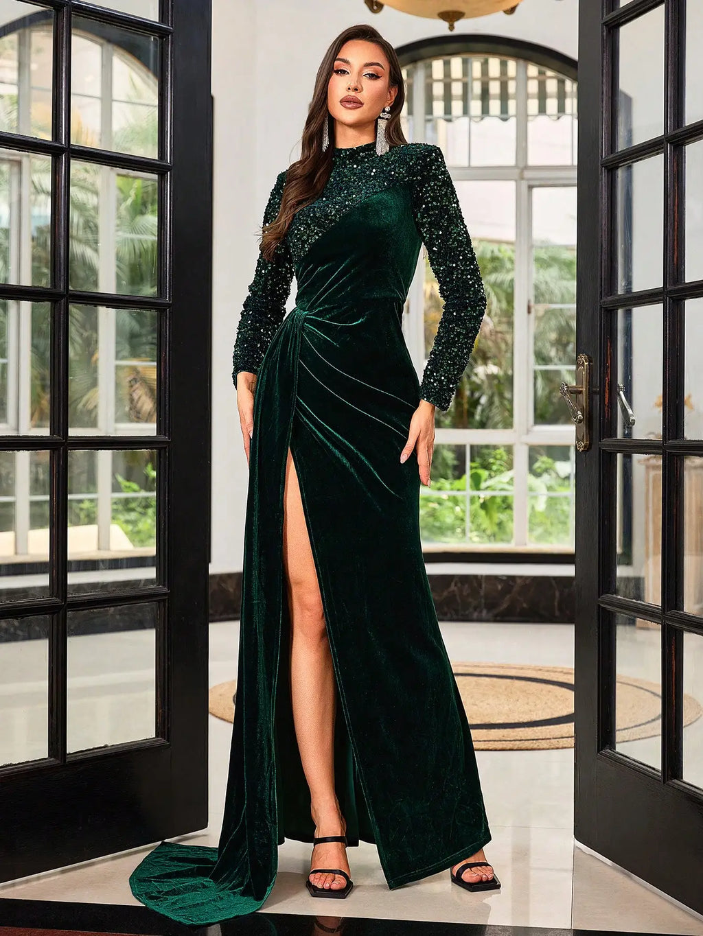 Emerald Green Velvet Long Sleeve High Neck Sequin Maxi Dress with Side Slit