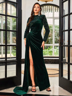 Emerald Green Velvet Long Sleeve High Neck Sequin Maxi Dress with Side Slit