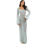 Women s Long  Fit Dress Long Sleeve V Neck Tie Up Knitted Crochet Beach Dresses