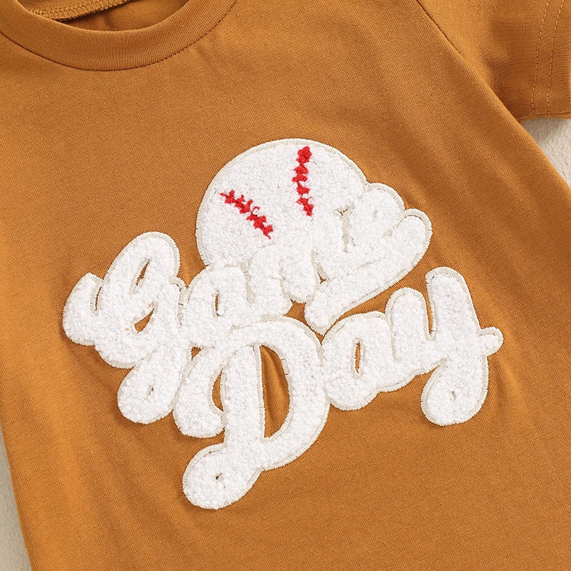 Toddler Boys 2-Piece Outfit Short Sleeve Tee with Fun Embroidery and Matching Baseball Print Shorts for a Stylish Summer Look