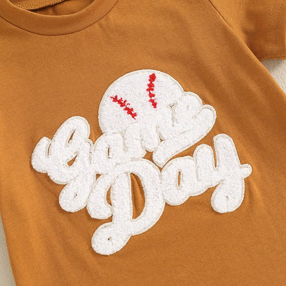 Toddler Boys 2-Piece Outfit Short Sleeve Tee with Fun Embroidery and Matching Baseball Print Shorts for a Stylish Summer Look
