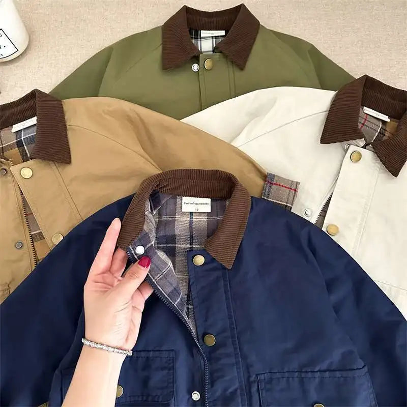 2025  Spring Autumn Kids Boys Jacket Plaid Spliced Pocket Long Sleeve Toddler Boys Outerwears Coat Children Boys Jacket