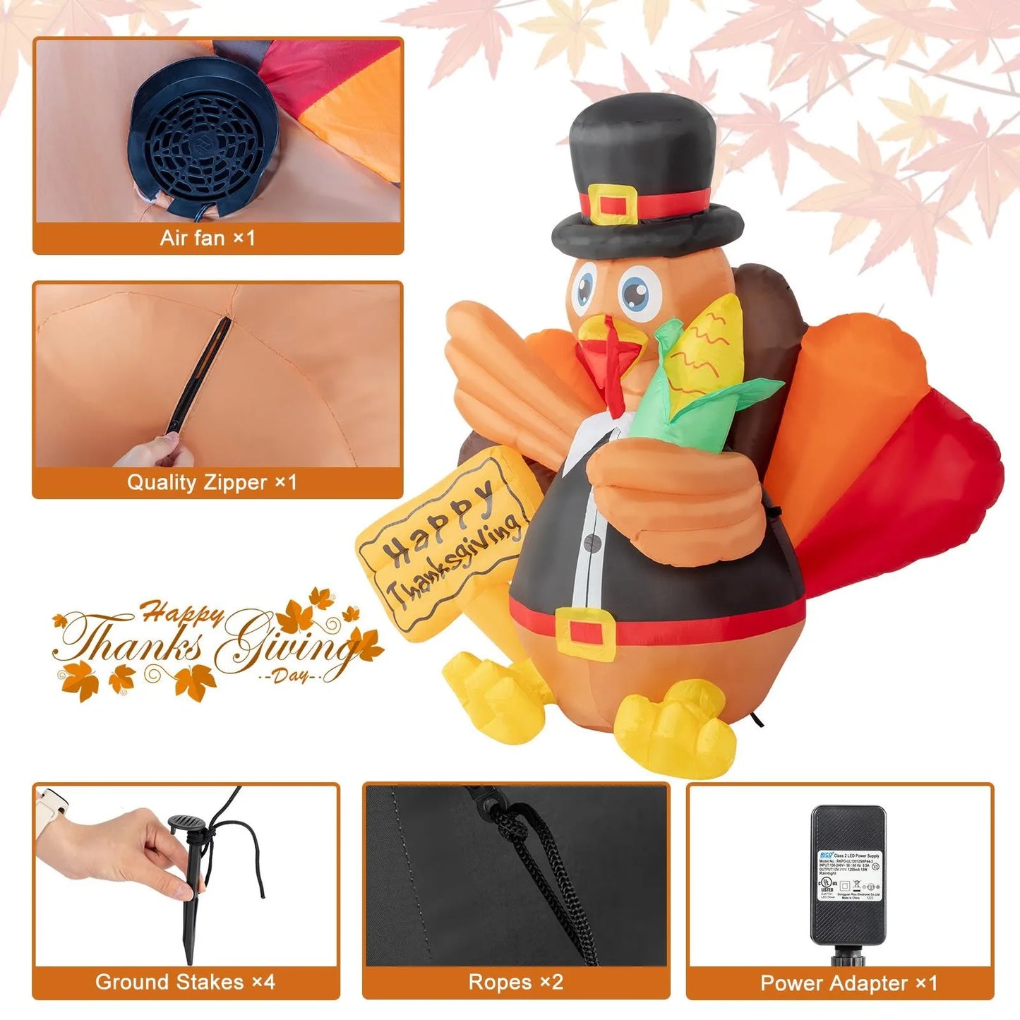 5FT Thanksgiving Inflatable LED Lighted Turkey Air Blow up Lawn Yard Decoration