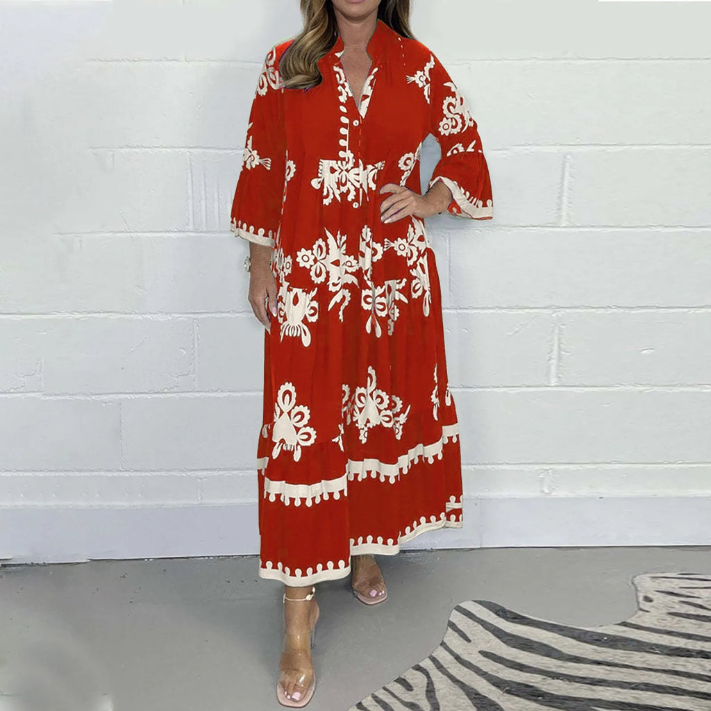 Casual Long Dresses Womens Summer Retro V Neck Print Long Sleeve Dresses Elegant High Quality Party Formal Vestidos Women