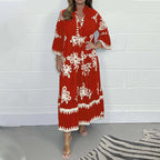 Casual Long Dresses Womens Summer Retro V Neck Print Long Sleeve Dresses Elegant High Quality Party Formal Vestidos Women