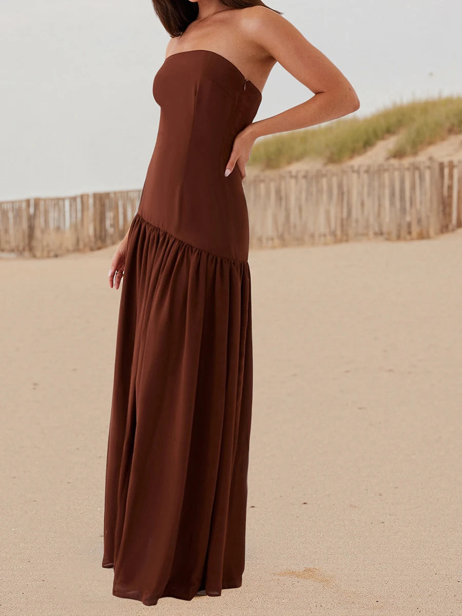 Elegant Off-Shoulder Maxi Dress with Side Slit Women s Solid Color Tube Dress for Summer Cocktail Party