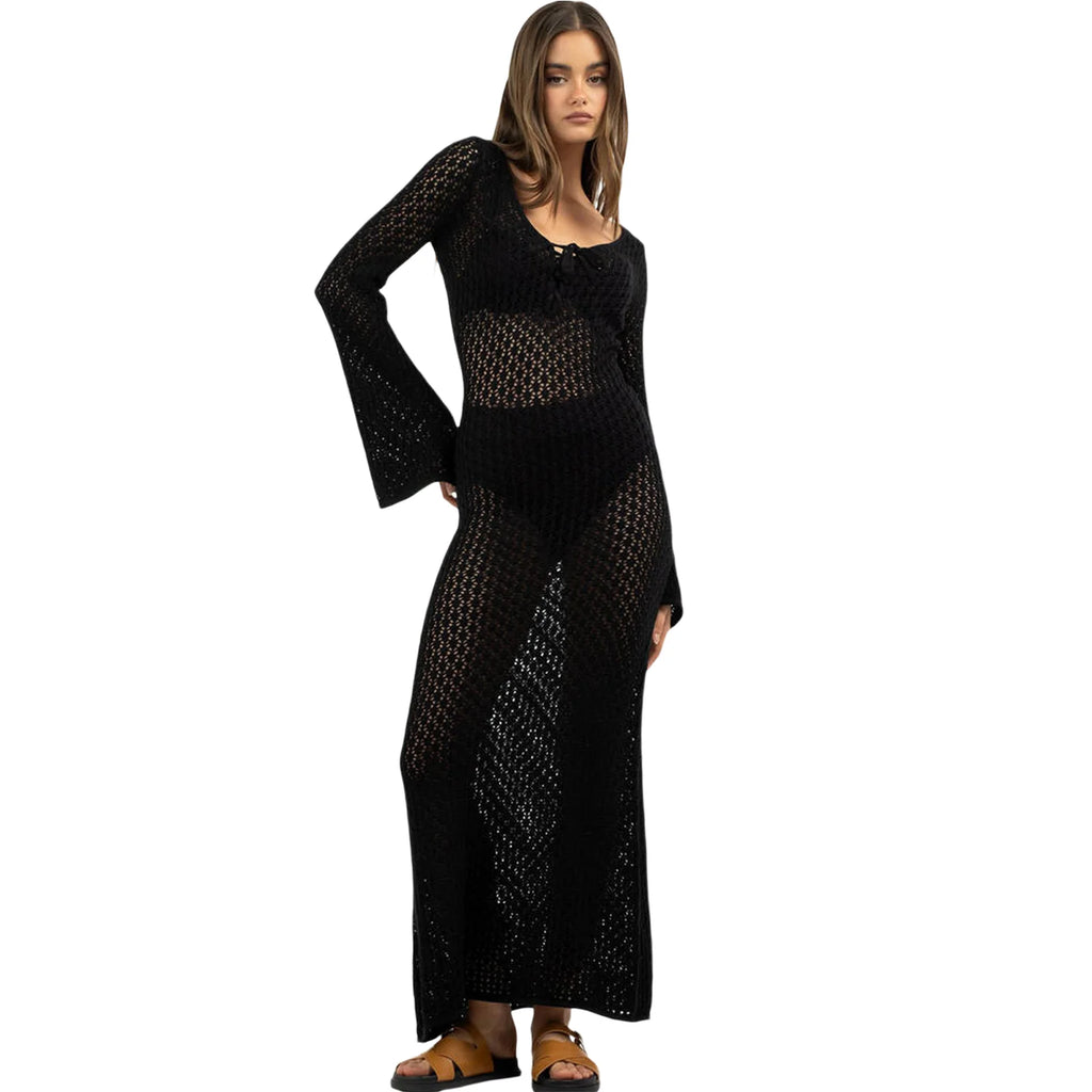 Women s Long  Fit Dress Long Sleeve V Neck Tie Up Knitted Crochet Beach Dresses